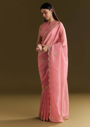 Pink Tissue Zardozi Saree With Scallop Border