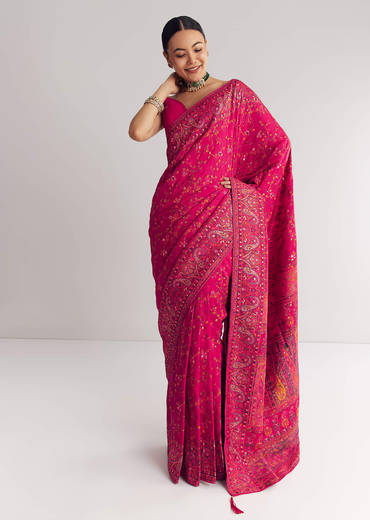 Pink Traditional Floral And Jaal Woven Saree