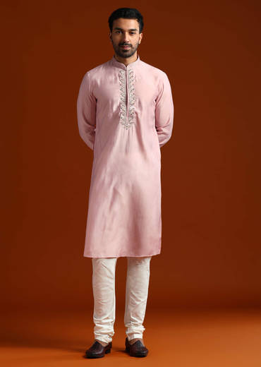 Pink Viscose Kurta Set For Men With Heavy Hand Embroidery