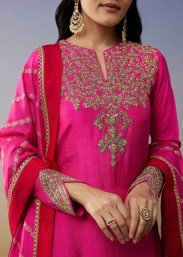 Pink Viscose Satin Palazzo Suit with Zardosi Work