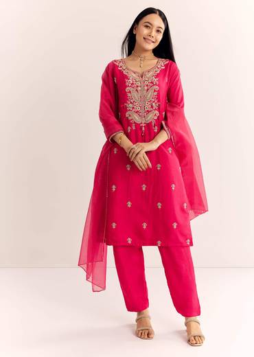 Pink Zardosi Work Dola Silk Kurta Pant With Organza Dupatta
