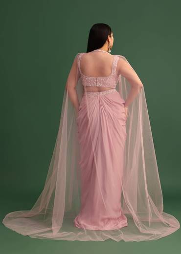 Peony Pink Draped Skirt With Sweatheart Neck Blouse With High Low Cape
