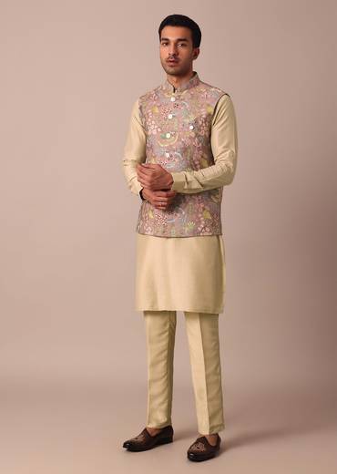 Pink Jacket Kurta Set With Thread Work