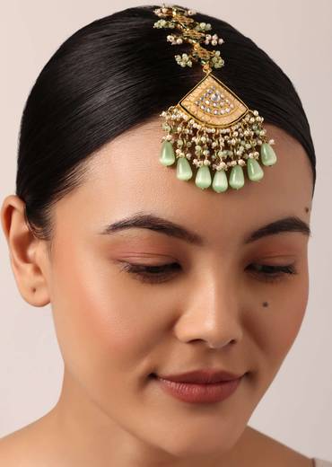 Pink Kundan Choker Set With Green Bead Drops