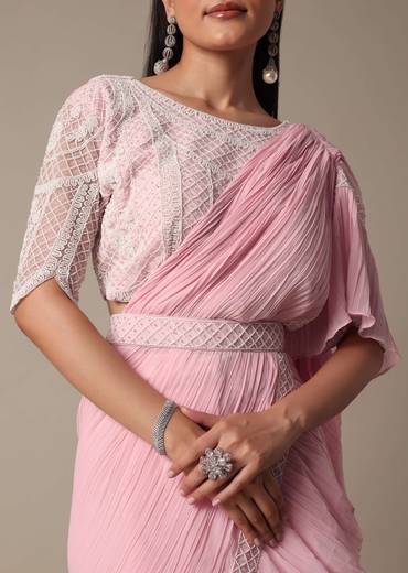 Pink Ready Pleated Frill Saree With Heavy Bead Work Blouse