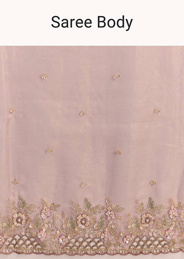 Pink Tissue Saree With Floral Hand Embroidery And Cutwork Border