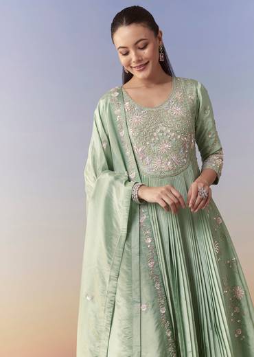 Pista Green Anarkali Set with Front Pleats