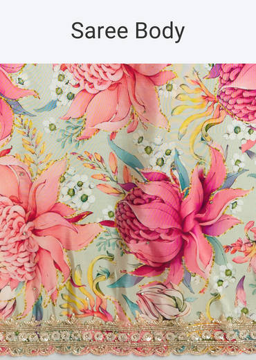 Pista Green Crepe Saree With Floral Print And Sequin Work