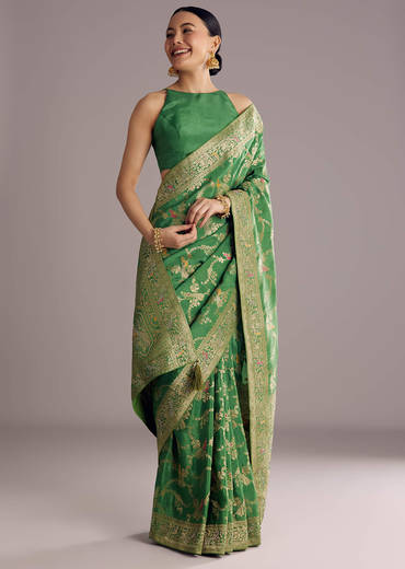 Pista Green Saree With Zari Jaal Weave And Stone Embellishments