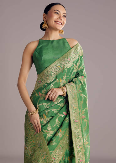 Pista Green Saree With Zari Jaal Weave And Stone Embellishments