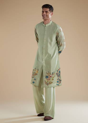 Pista Green Silk Mens Kurta Set with Moti Thread Resham Detail Work