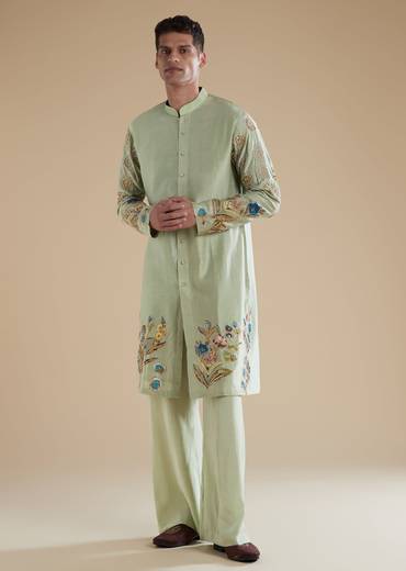 Pista Green Silk Mens Kurta Set with Moti Thread Resham Detail Work