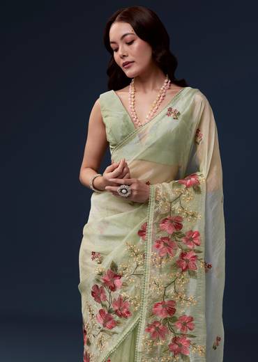 Pista Green Tissue Organza Saree With Multicolor Resham Thread And Lace Border