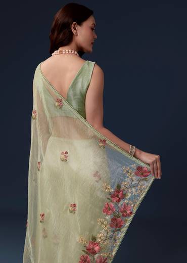 Pista Green Tissue Organza Saree With Multicolor Resham Thread And Lace Border