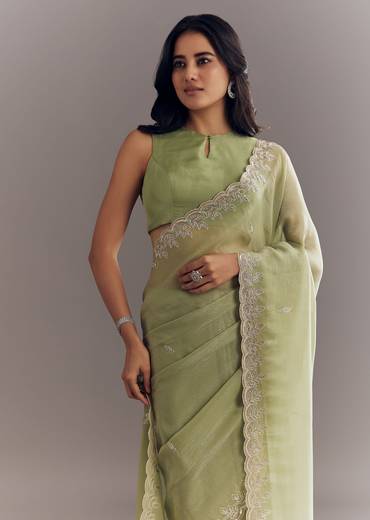 Pista Green Tissue Saree With Leaf Motif Embroidery In Sequins And Cutdana