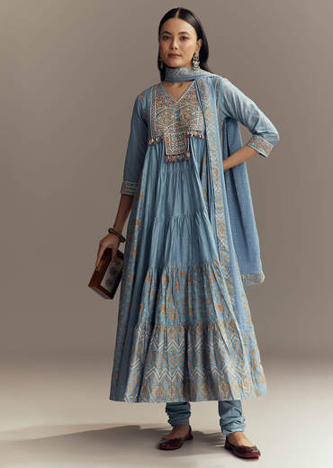 Powder Blue Chanderi Printed Anarkali Suit With Resham Work