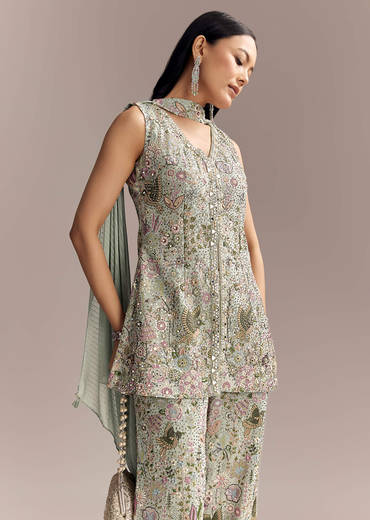 Powder Blue Georgette Palazzo Suit With Sequins And Resham Work