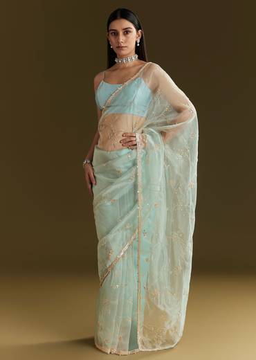 Powder Blue Tissue Embroidered Saree With Scallop Border