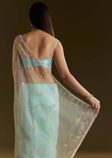 Powder Blue Tissue Embroidered Saree With Scallop Border