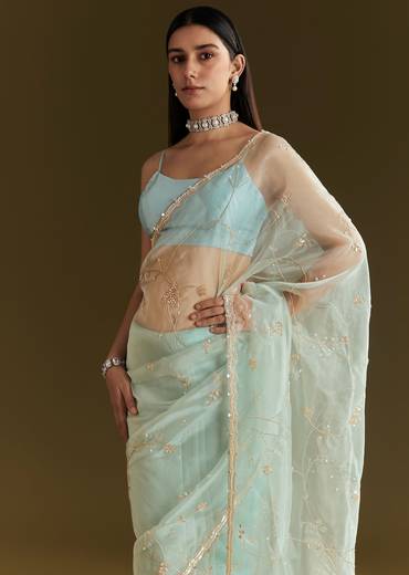 Powder Blue Tissue Embroidered Saree With Scallop Border