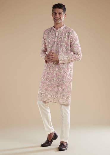 Powder Pink Kurta Set With Thread Resham And Sequins Detail