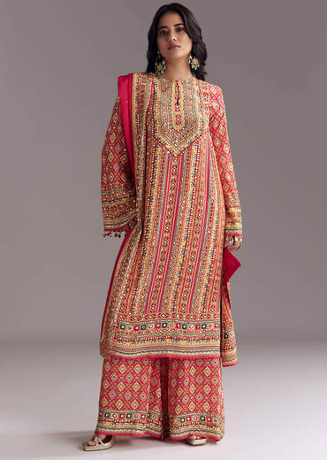 Crimson Red Printed Palazzo Suit Set