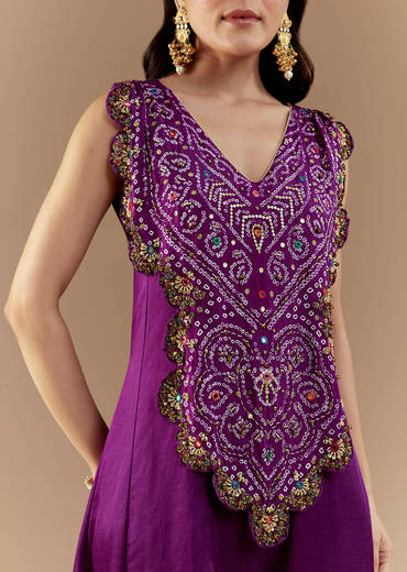 Purple Bandhani with Sequins Work Silk Jumpsuit