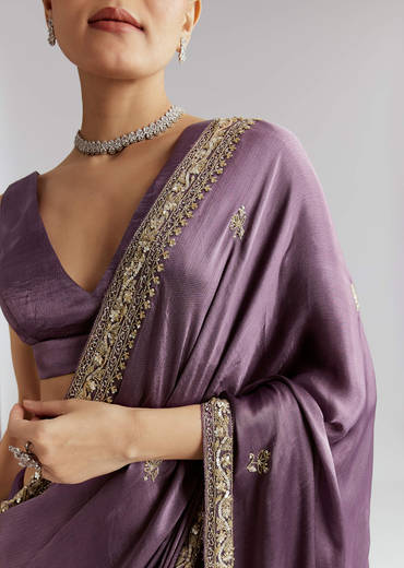 Purple Chinon Saree With Heavy Hand Embroidery