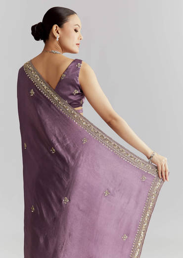 Purple Chinon Saree With Heavy Hand Embroidery