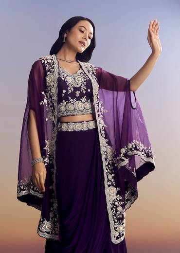 Purple Crepe Crop Top Skirt Set With Embroidered Cape