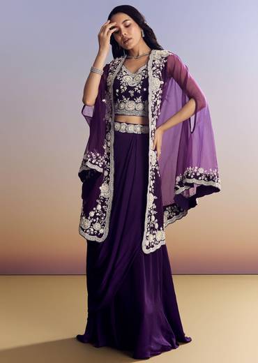 Purple Crepe Crop Top Skirt Set With Embroidered Cape
