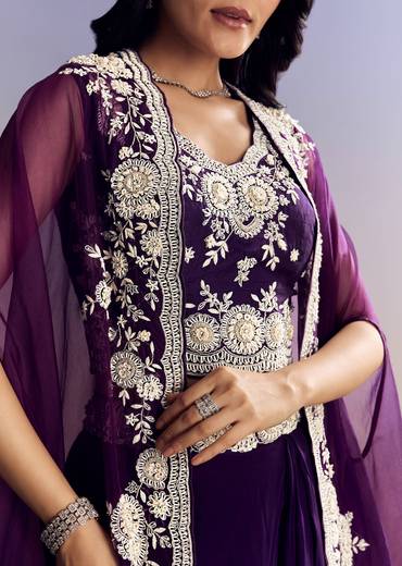 Purple Crepe Crop Top Skirt Set With Embroidered Cape