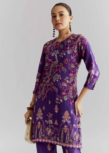 Purple Crepe Printed Co Ord Set With Sequins And Beads Work