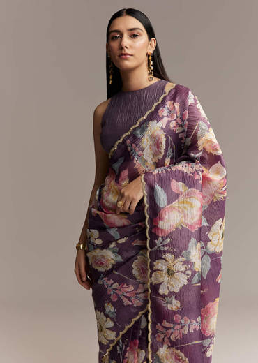 Purple Crush Tissue Saree With Floral Print And Embroidered Border