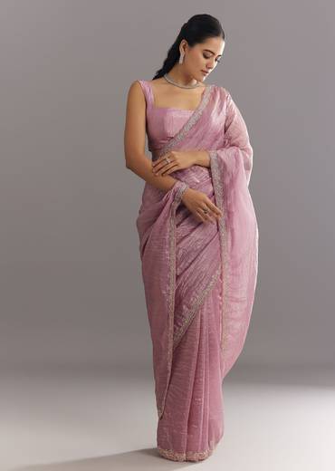 Purple Crushed Tissue Saree With Stone Embellishment And Embroidered Border
