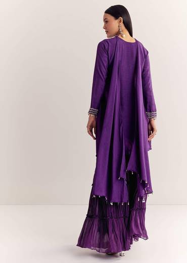 Purple Dola Silk Kurta Set With Zardosi And Choker Dupatta
