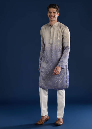 Purple Foil Print Mens Kurta and Pant Set