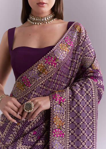 Purple Georgette Saree With Heavy Zari Work And Brocade Border