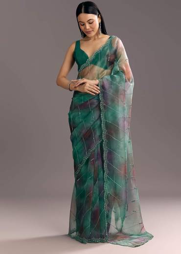 Purple Green Shaded Organza Saree With Cutdana Sequin Embroidery