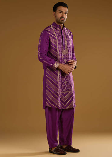 Purple Jacquard Kurta Set For Men With Handwoven Work