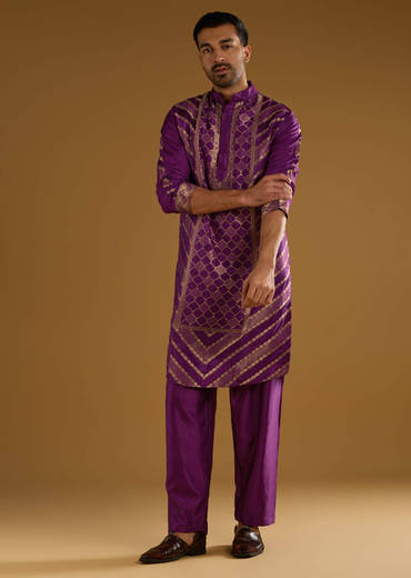 Purple Jacquard Kurta Set For Men With Handwoven Work