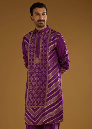 Purple Jacquard Kurta Set For Men With Handwoven Work