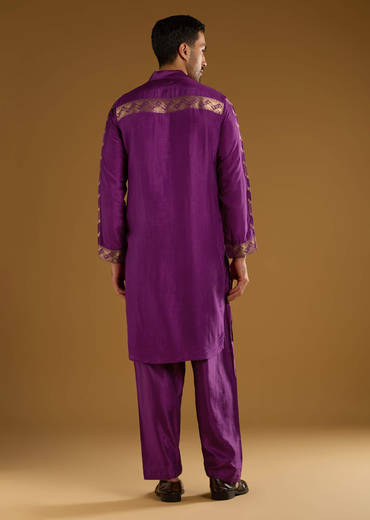 Purple Jacquard Kurta Set For Men With Handwoven Work