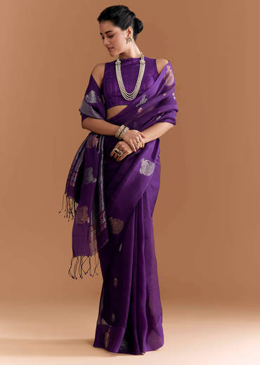 Purple Linen Woven Saree With Brocade And Zari Work