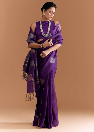 Purple Linen Woven Saree With Brocade And Zari Work