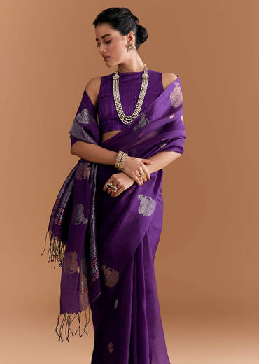 Purple Linen Woven Saree With Brocade And Zari Work