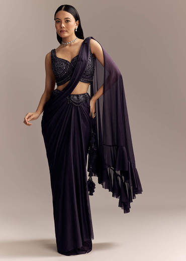 Purple Lycra Ready Pleated Saree With Embroidery And Matching Blouse