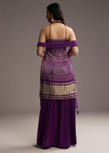 Purple Modal Satin Palazzo Suit With Bandhani Print