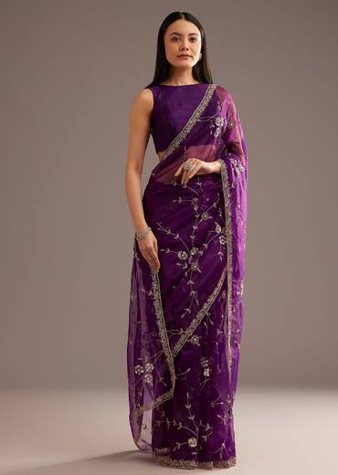 Purple Organza Tissue Saree With Sequins And Cutdana Jaal