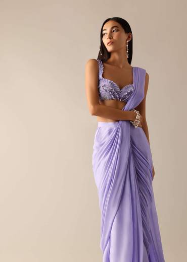 Purple Pre Pleated Saree with Pearl Embroidered Blouse